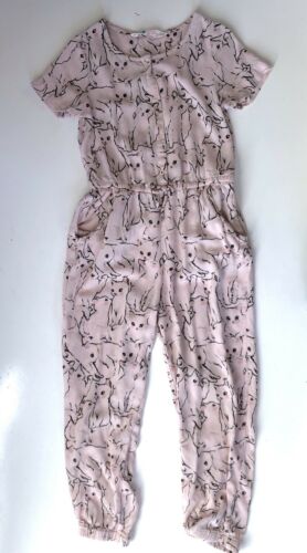 H&M Girls 6-7y Romper Jumpsuit Pants Cats Kittens Pink Short Sleeve Button Front