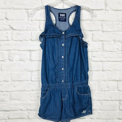 Levis Girls Jumper Romper XL Sleeveless Blue Button Down Red Tag Ruffles Shorts
