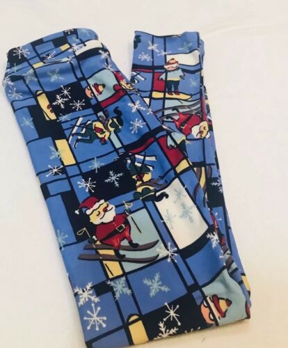 L/XL Lularoe Kids Leggings Holiday Christmas  Santa Skiing Blue NEW