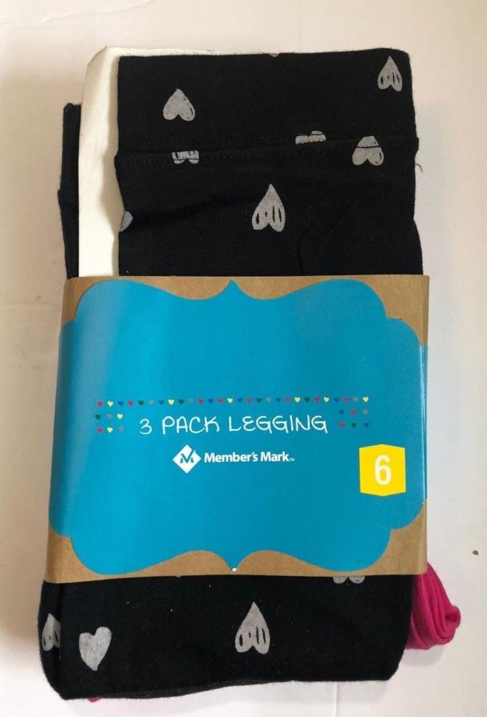 Member's Mark 3 Pack Girls Leggings Black with Hearts, Gray, Pink Size 6 New