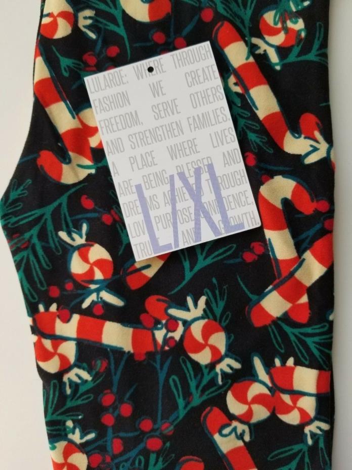 Lularoe Christmas Candy Canes Mint Berry L/XL Kids Leggings Holiday on BLACK