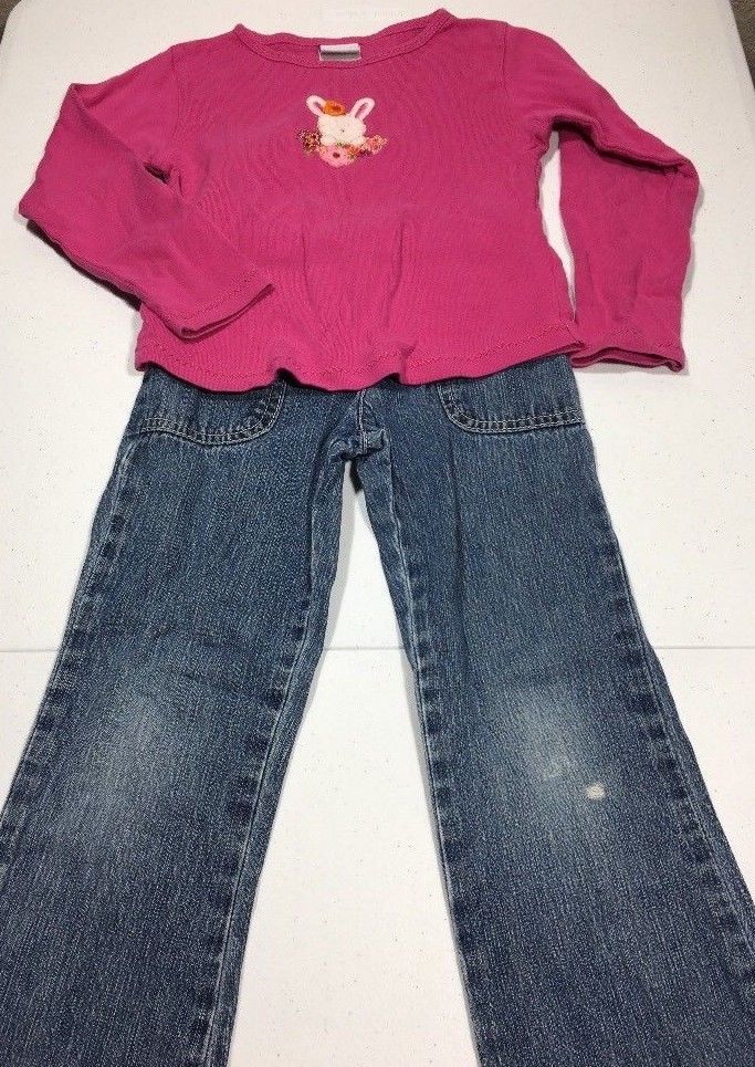 Circo Okie Dokie Girls Jeans Top Outfit Pink Long Sleeve Size 5 2 Piece Bundle