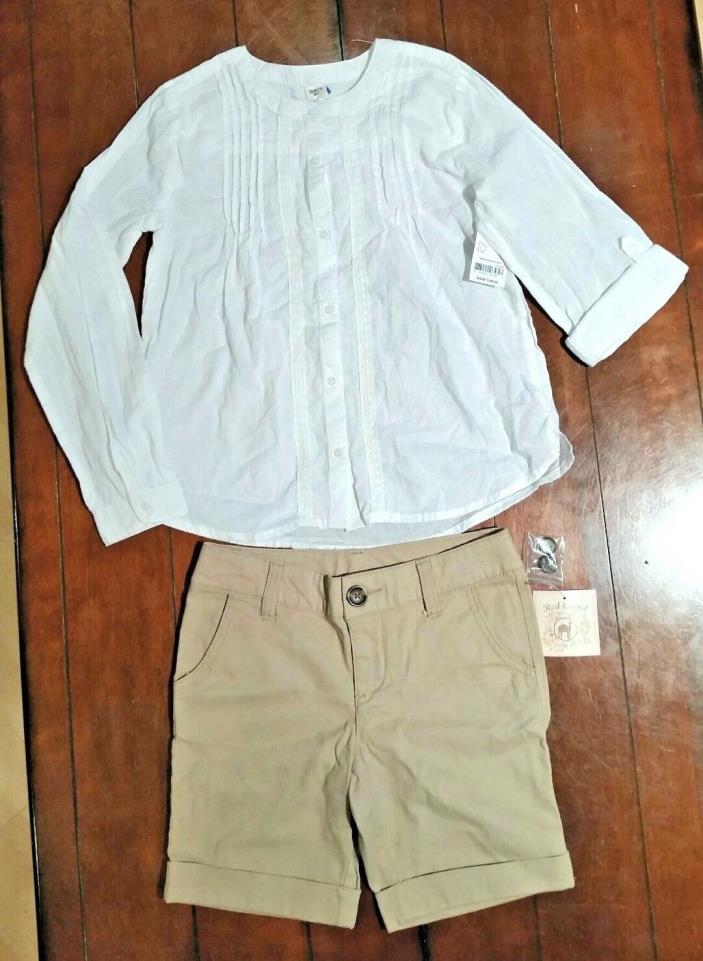 NWT Girls Oshkosh White Top & Red Camel Khaki Shorts Adjustable Waist Size 10