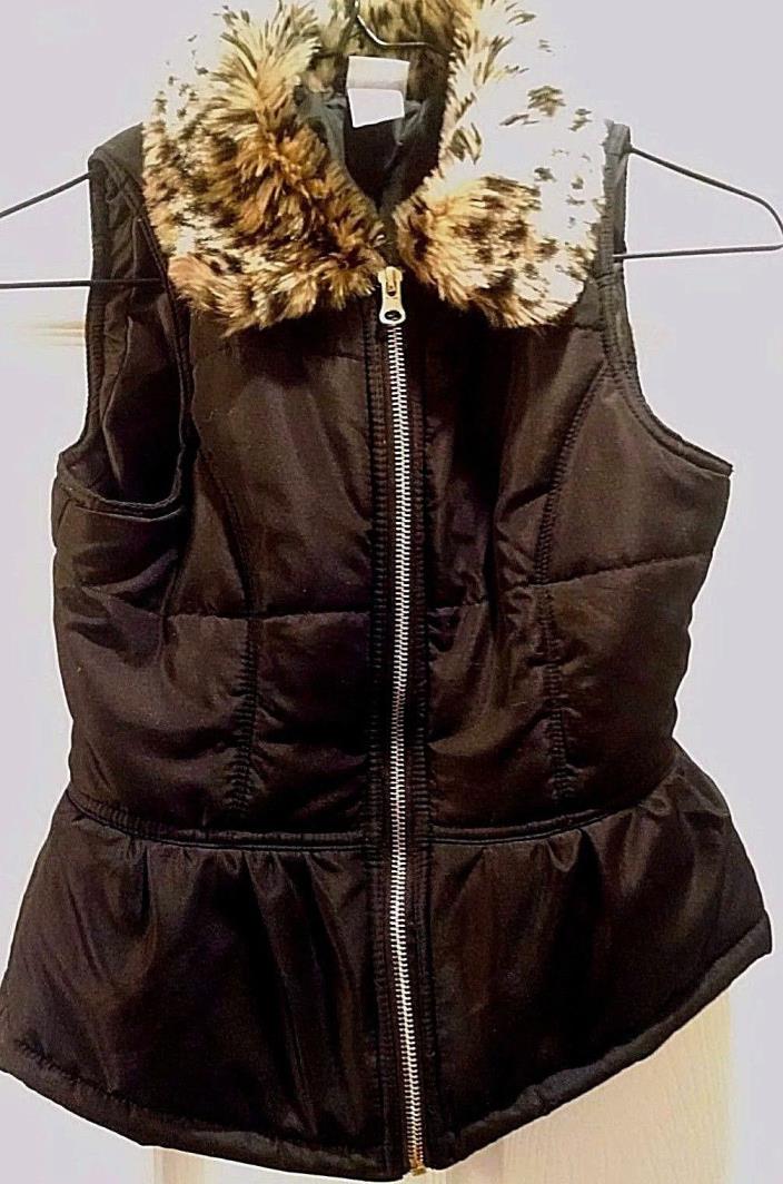 Circo Girls Puffer Vest Size M 7- 8 Black Faux Animal Fur Leopard Collar