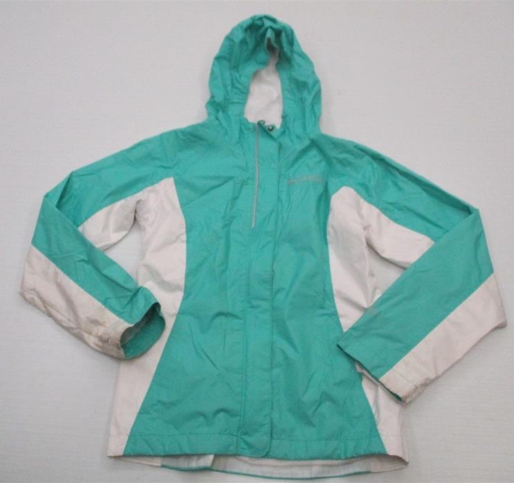 COLUMBIA #K2002 Girls Size M Omni-Tech Lightweight Hooded Aqua Green Rain Jacket