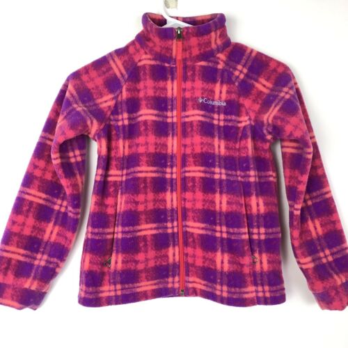 Columbia Jacket Girls Small 7/8 Pink Purple Full Zip Fleece Sweater Plaid