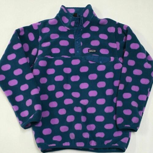 PATAGONIA Teal Blue & Purple Polka Dot Synchilla Fleece Pullover Sweater XL