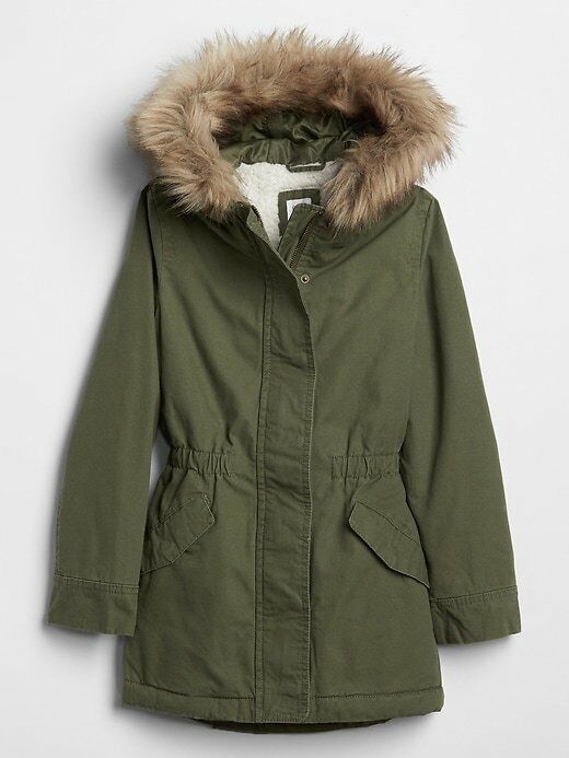 Gap Kids Factory NWT Army Green Sherpa-Lined Faux Fur Hood Parka Coat XS 4 5 $80