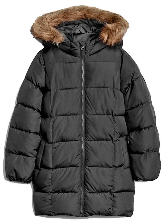 Gap Kids Factory NWT Black Longest Puffer Faux Fur Hood Jacket Coat XS 4 5 $80