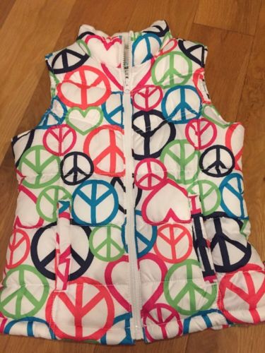 Old Navy Girls Puffer Down Vest White With Peace Signs Size Large 10/12 EUC