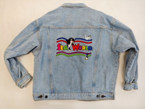 Vintage Sea World Denim Jean Jacket Embroidered Logos ADULT EXTRA LARGE XL SHAMU