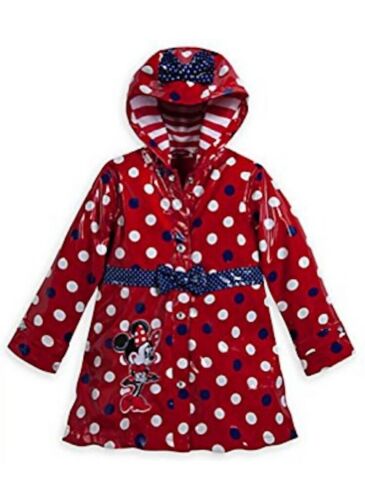 Disney Store Deluxe Minnie Mouse Girls Rain Jacket  Sz 7-8 Blue Polka Dots Coat