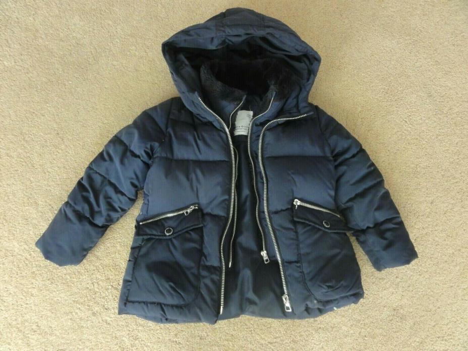 ZARA Girls Navy Blue Down Coat Jacket Size 6  116cm   Hood Puffer