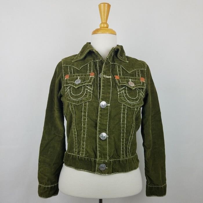 True Religion Jacket Girls Jimmy Corduroy Size Large Coat Contrast Stitch Green