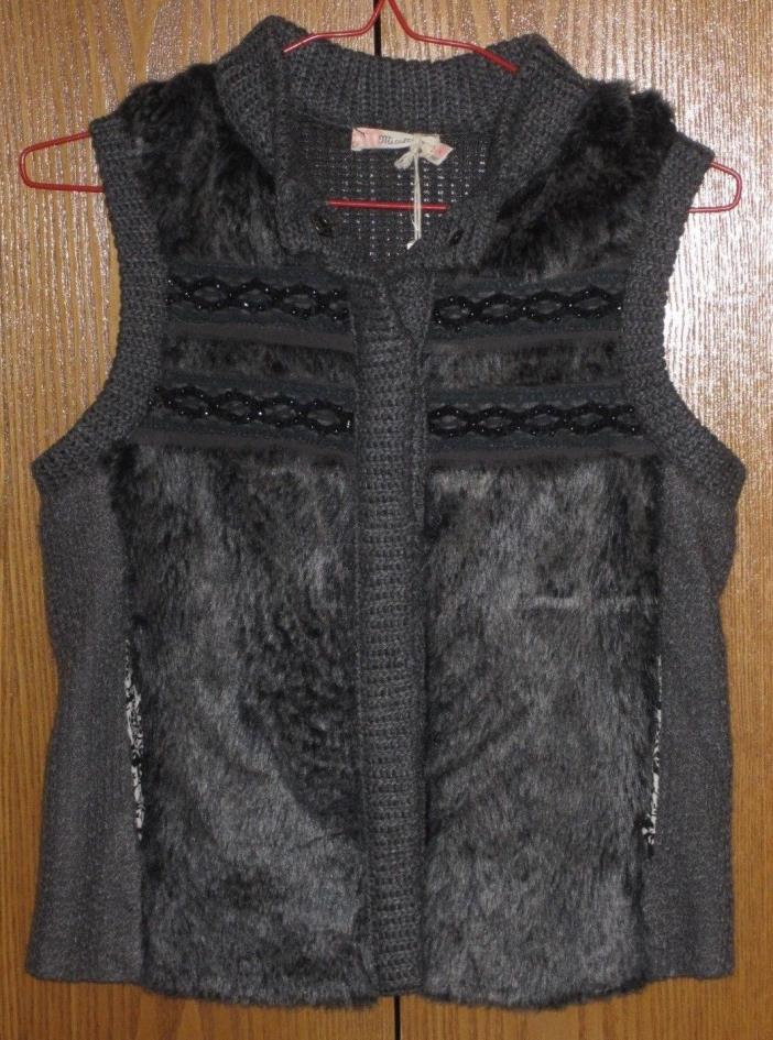 Miss Me Faux Fur Beaded Boho Gray Knit Vest Girls Size Large  MSRP $66 NWT