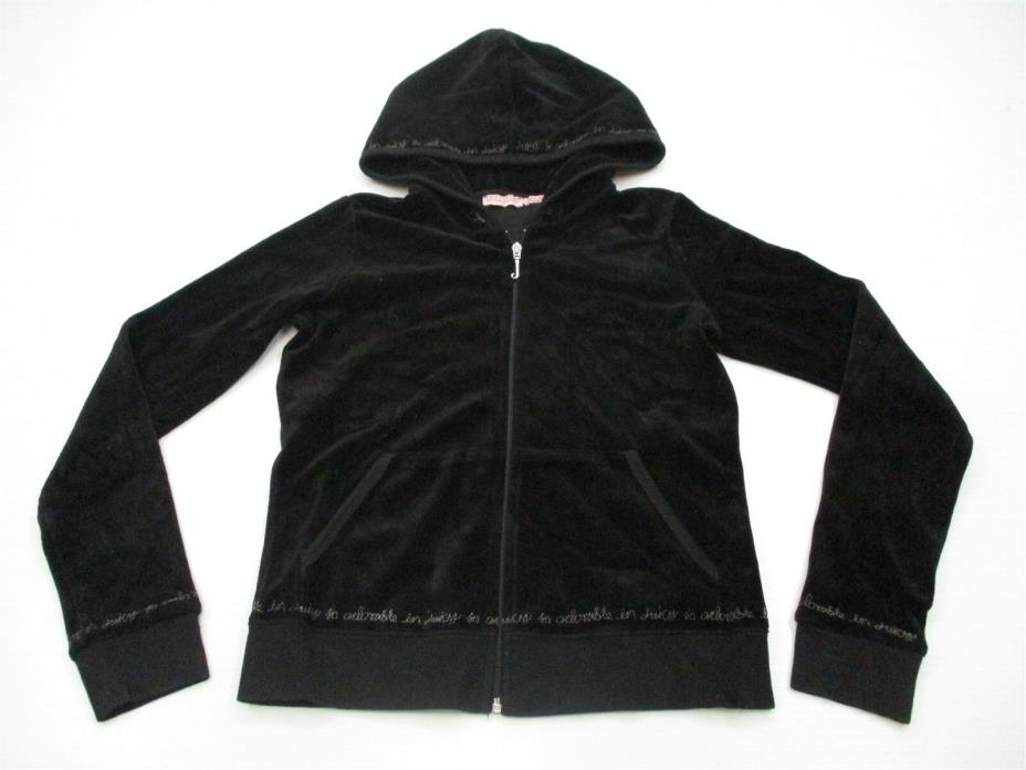 JUICY COUTURE K237 Youth Girl's Size 14 Sequin Logo Hooded Black Velour Sweater