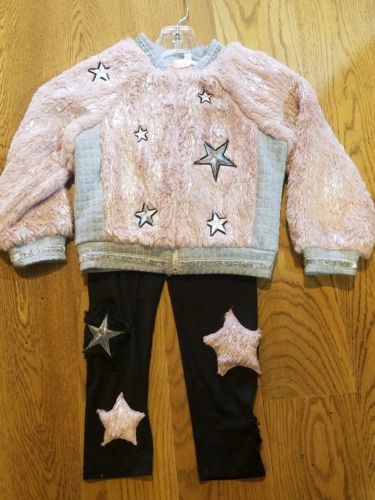 New Baby Sara pink fur bomber jacket/ black star leggings set,girls 4,NWT