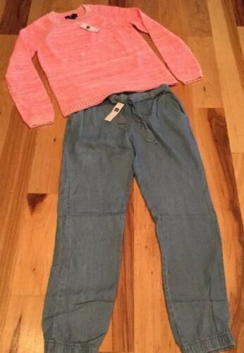 Gap Kids Girls X-Large (12) Outfit. Neon Pink Sweater & Soft Blue Pants. Nwt