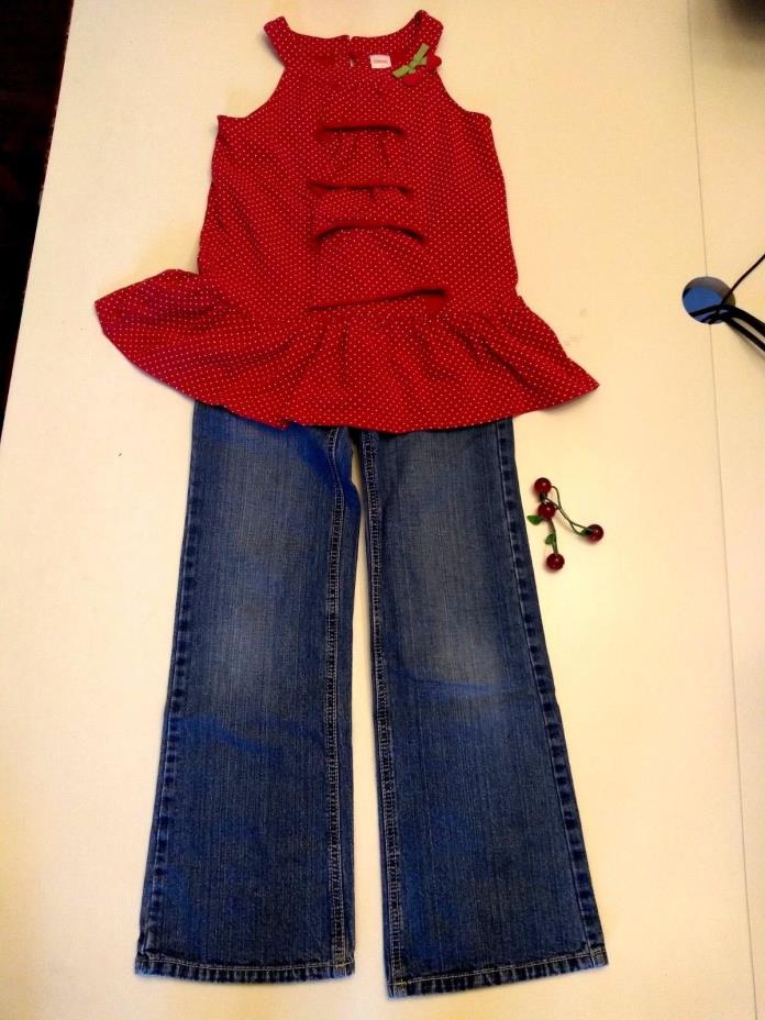 GYMBOREE Size 12 Red Polka Dot Shirt & Jeans w/Hair Accessory