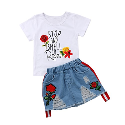 Toddler Kids Girl Denim Skirt Set with Rose Flower Letter Print T-Shirt Tops