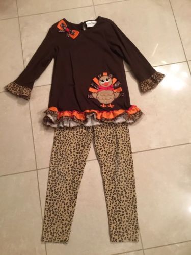 Rare Editions Thanksgiving Turkey Animal Print Ribbon Detail Pant Set Sz 6 GUC