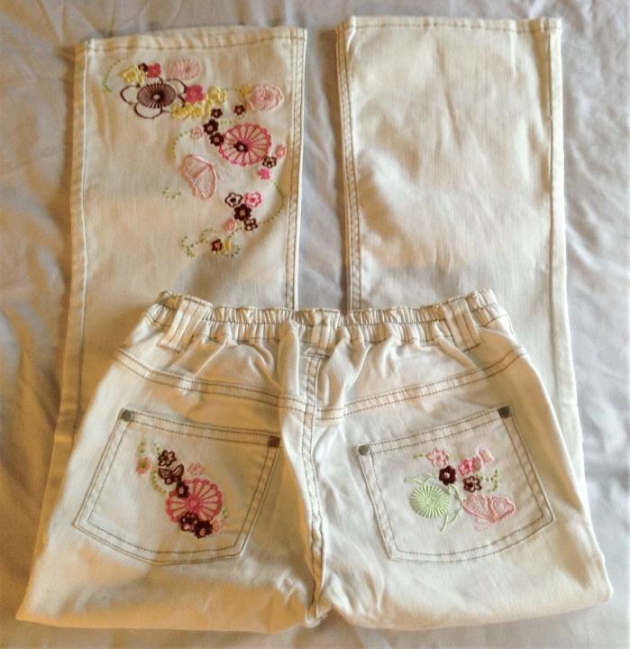 GIRLS~size 8~STRETCH  FLARE ~ Beige  Pants  with  EMBROIDERED  FLORAL Designs