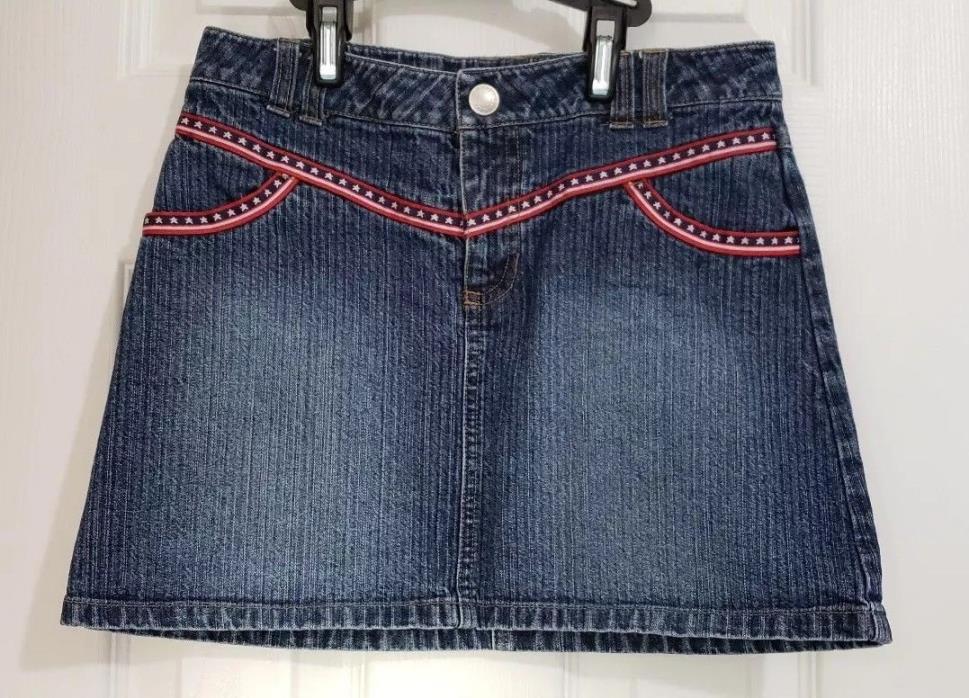 Girls Old Navy Blue Denim Skirt with Stars Stripes Sz 8 Pockets Cotton