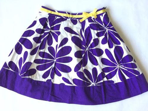Mini Boden Girls 7-8 Purple White Bold Floral Yellow Ribbon Modest Skirt Lined