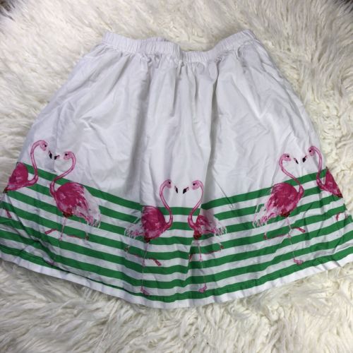 Lands End Girls Skirt White Sz 14 Youth With Pink Flamingos Green Stripes