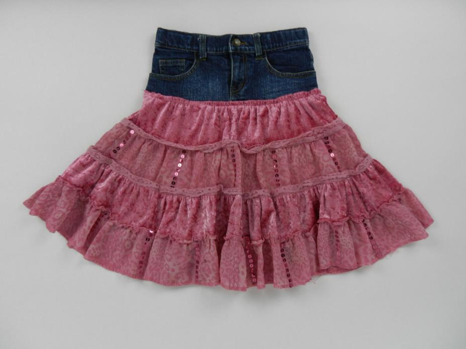 The Children's Place Girls Skirt Sz 6 Blue Denim Pink Sequins Ruffled Tiers
