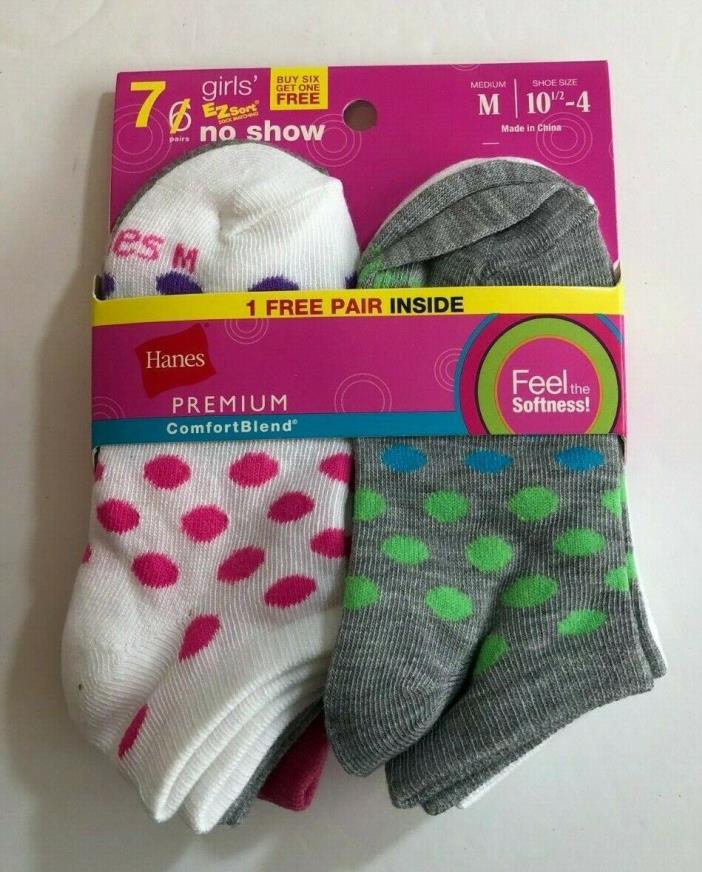Hanes Girls No Show Socks 7 Pairs Size Medium Shoe Size 10 1/2-4 New