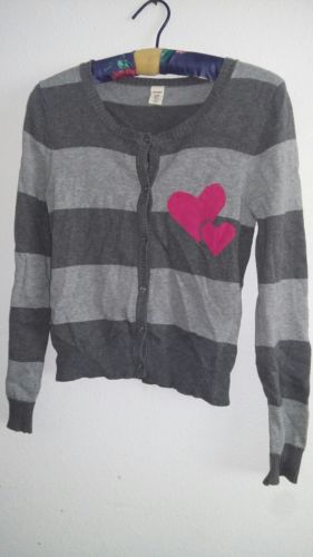 Old Navy girls cardigan sweater casual shorter style stripe gray heart pink 12 L