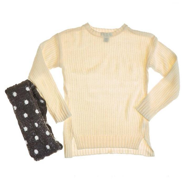 NWT 2PC Limited Too Girls Size 4 Highlow Hem Ivory Sweater & Fuzzy Dotted Scarf