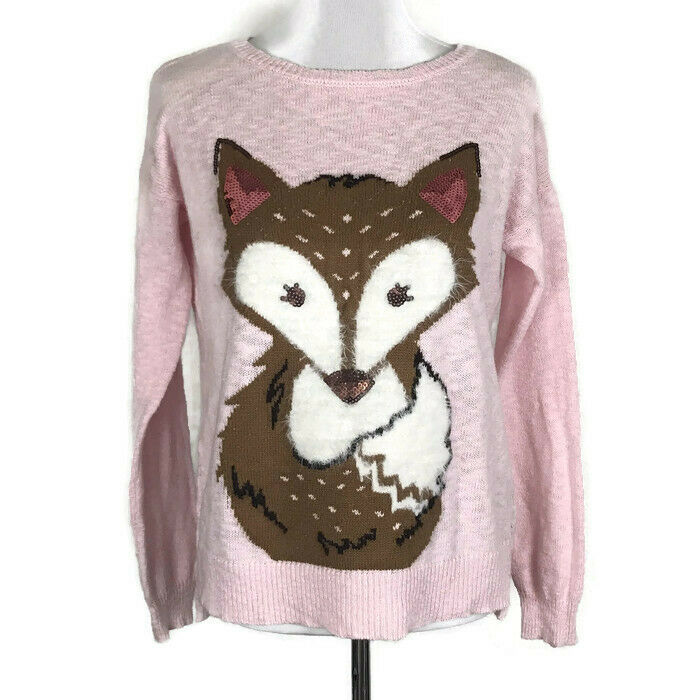 Justice Kids Sweater Size 20 Pink Long Sleeve Fox Sequin Fuzzy Shirt Pullover
