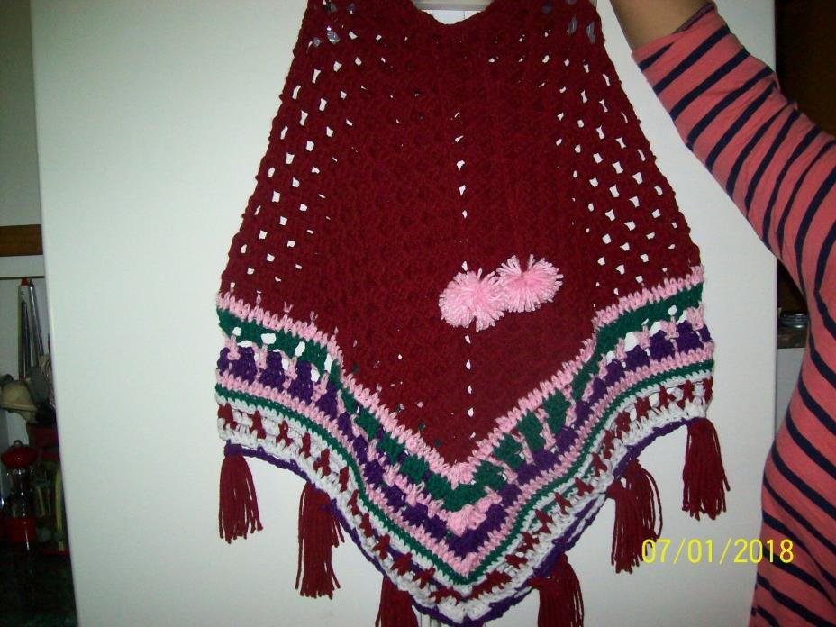 Handmade Girls Crochet Poncho with fringes and pom pom (age 5-7)