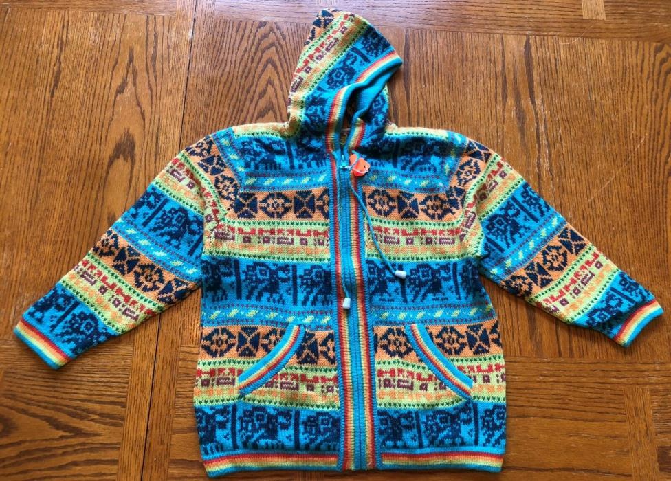 Girl's knitted hooded sweater - size 12  - blue/orange - front zipper