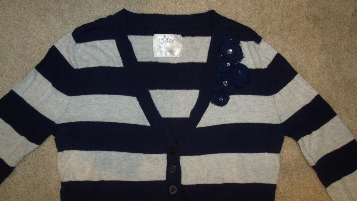 Justice Girls Button Cardigan Sweater-Blue/Gray Striped-3D Flowers-Slim Fit-16