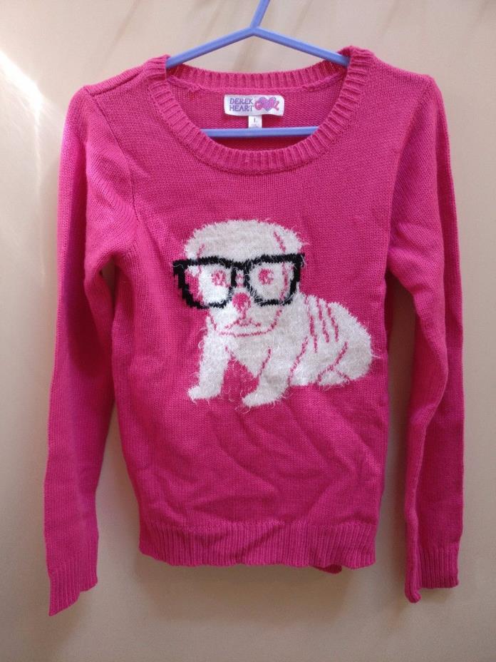 Derek Heart / Size L / Girl's Pink Crew Neck Sweater / Puppy in Glasses