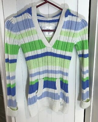 JUSTICE Girl's Blue Green White Stripes Pull Over Sweater Hoodie Size 10
