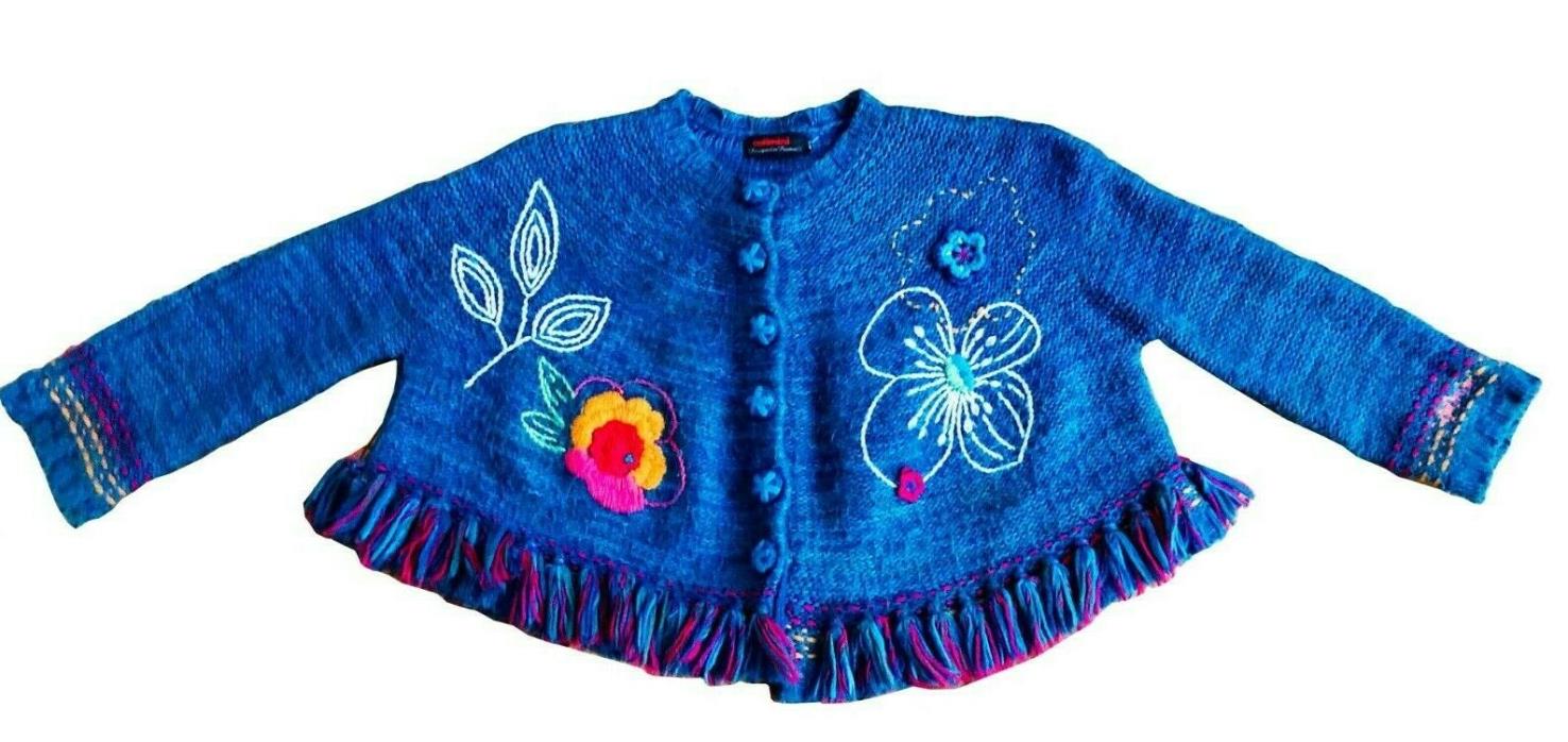 Catimini Girls Blue Knit Cardigan Sweater with Flower Embroidery Size 6