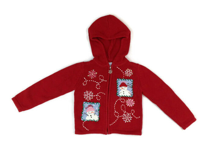 Christmas Cardigan Sweater Girls Medium 5-6 Hood Red Knit Zip Embroidered Beaded