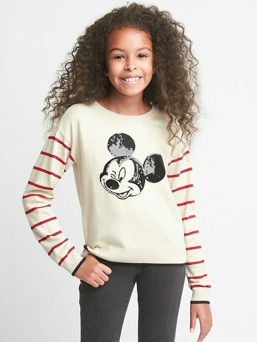 GAP Disney Girls Gapkids Sweater Mickey Mouse Sequin Oatmeal Stripe Size S