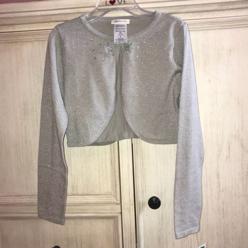 New Bonnie Jean Size Large Silver Metallic Sweater Jacket Rhinestones Rosettes