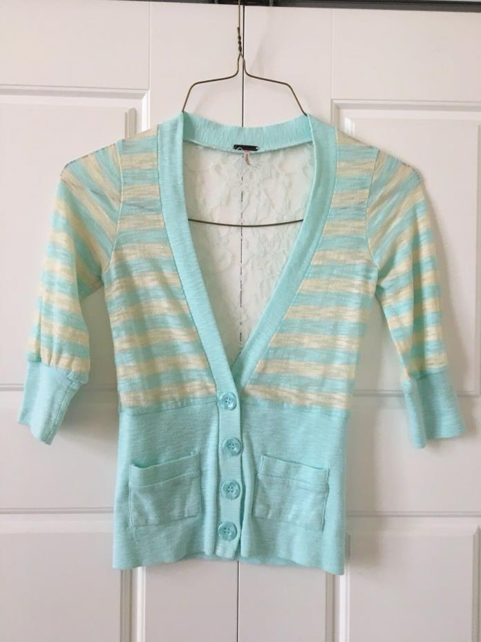 Poof Girl Mint/Cream Lace Back Cardigan 3/4 Sleeves Size S (7/8)