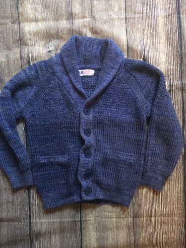 H & M Boys Girls Unisex Sweater Cardigan Blue 4-6 Yr Collar Chunky Cotton c25