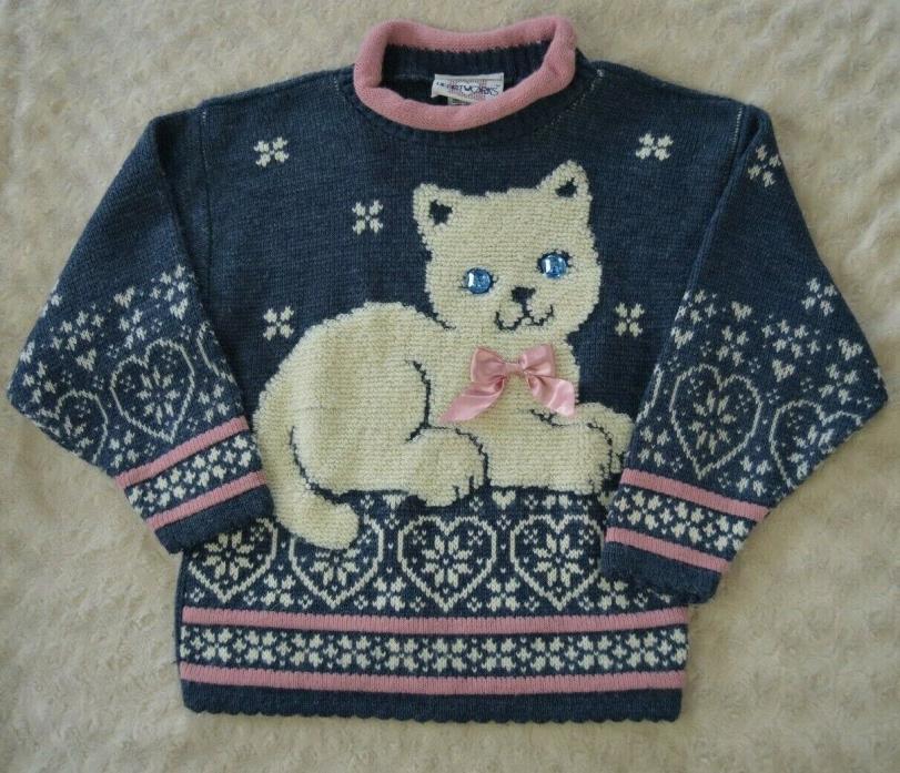 Vintage Heartworks Kitty Cat Sweater Girl's Size 4 Blue Pink 90's Heart USA Made