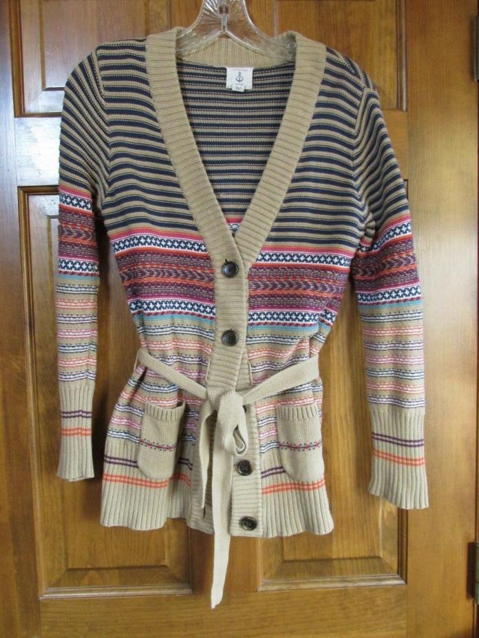 Lands' End kids striped long cardigan sweater camel cotton size M 10 - 12 euc
