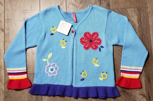 Hanna Andersson Girls 130 Sweater Cardigan Blue Flowers Hearts Rainbow Sleeves