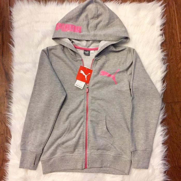 NWT Puma Girls Zip Front Gray Pink Hoodie Size L