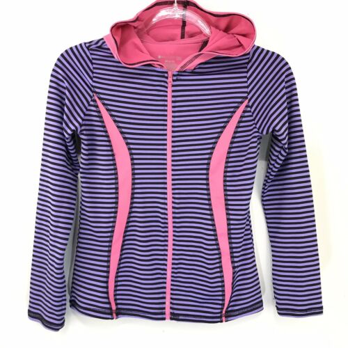 Bally Total Fitness Girls Jacket Striped Pink Purple Hoodie Full Zip M 8/10 O41
